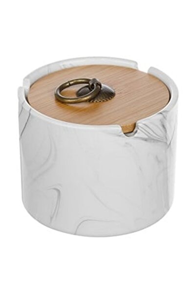 OEM Scrumiera Ceramica Cilindrica Alba Marble cu Capac din Bambus Ø10x7cm