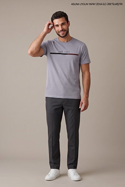 Maccali Lilac Men's New York Text Printed Crew Neck Loose Fit T-Shirt