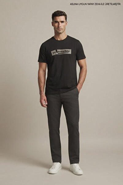 Maccali Black Men's Impossible Printed Crew Neck Loose Fit T-Shirt