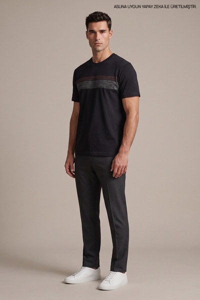 Maccali Men's Striped Printed Comfortable Fit Short Sleeve Black T-Shirt