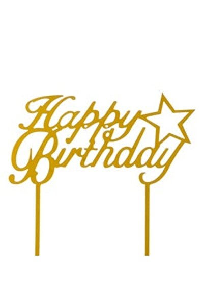 OEM Topper Tort Mesaj "Happy Birthday" Stea Aurie 15x12.5cm - Decoratiuni, Pr...