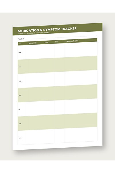 OEM Medication and Symptom Monitoring Planner, Olive Theme, Undated, A4