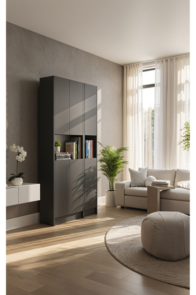 YETİ MOBİLYA Flat85 Kitaplık 6 Kapaklı Kütüphane Çok Amaçlı Dolap Antrasit
