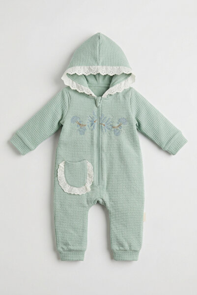 zumino Baby Girl Floral Embroidered Lace Zippered Hooded Jumpsuit