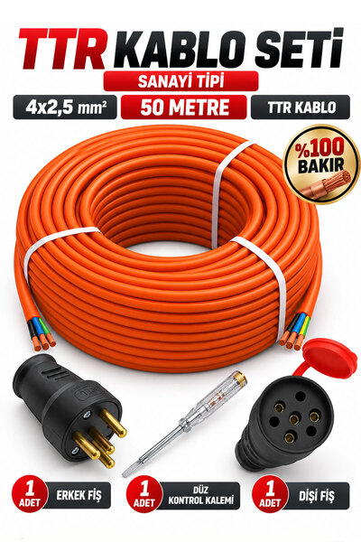 Badem10 Sanayi Tipi 4x2,5 TTR Kablo 50 Metre %100 Bakır Erkek Dişi Fiş Düz Ko...