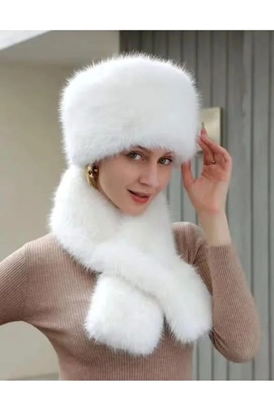 EKstore Fur cap hat and cross scarf set