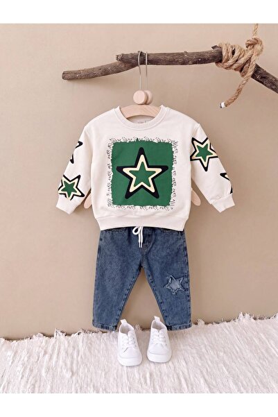 Mişsa Bebe Boy's Oversize 2 Thread Swetshirt with Embroidery Detail Denim Tro...
