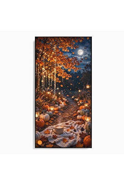 Luxcanva Tablou Canvas Aleea De Toamna 70x140 cm cu Rama Negru Lumini Lantern...