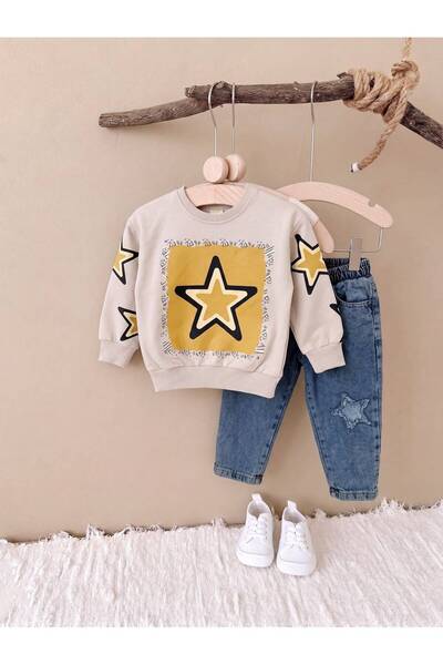 Mişsa Bebe Erkek Çocuk Oversize 2 İplik Swetshirt Nakış Detaylı Denim Pantalon 2 Li Takım
