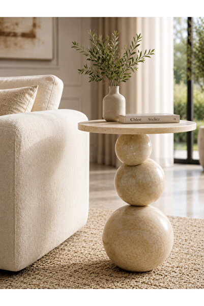 ESİLA MARBLE Traverten Yan Sehpa – 3 Küreli Doğal Taş Sehpa – Modern Dekorati...