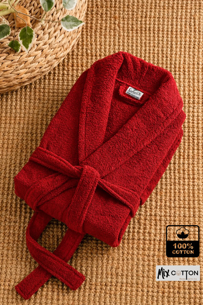 MixCotton Home Luxury 100% Cotton Women's Bathrobe with Pockets, Soft Textured Home Wear Towel Bathrobe Red