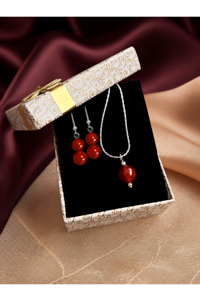 ayrestyle Agate Stone Necklace Earring Set, Stainless Steel Chain, Red Agate,...