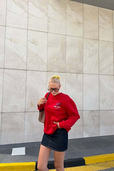 lizge giyim Crew Neck Sweatshirt with Print and Embroidery Detail