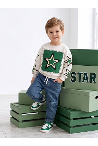 Mişsa Bebe Erkek Çocuk Oversize 2 İplik Swetshirt Nakış Detaylı Denim Pantalon 2 Li Takım