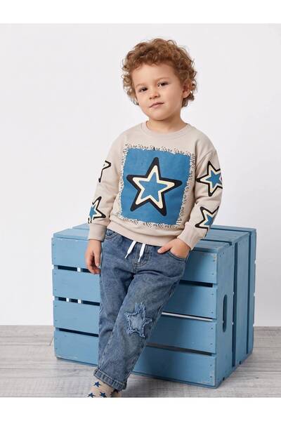 Mişsa Bebe Boy's Oversize 2 Thread Swetshirt with Embroidery Detail Denim Tro...