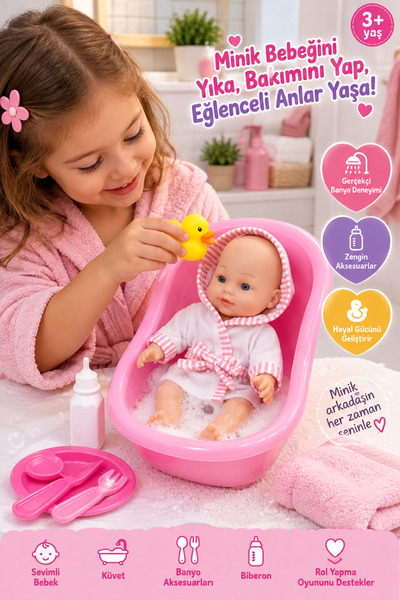 Binbirreyon Oyuncak Bebek Küvet ve Beslenme Seti Banyo Setli 28cm PC237
