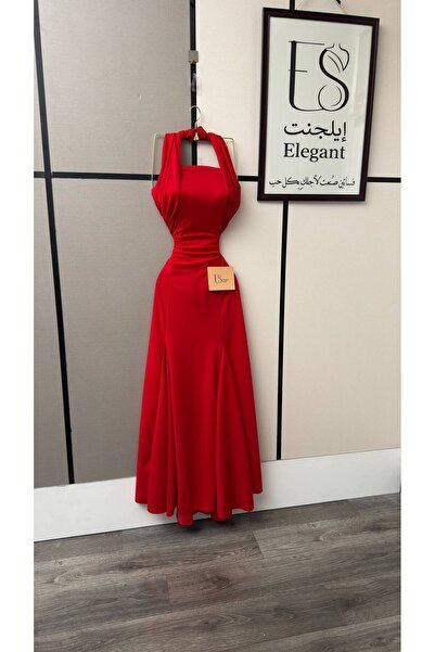ELEGANTKSA فستان ناعم طويل باللون الأحمر القاني، بتصميم أنثوي أنيق يجمع بين ق...