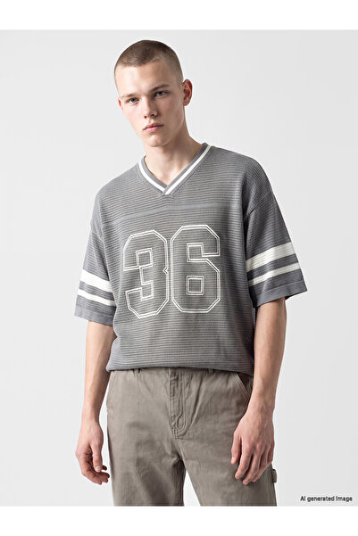 LC Waikiki Xside Gray V-Neck Striped Printed Men's Knitwear Sweater