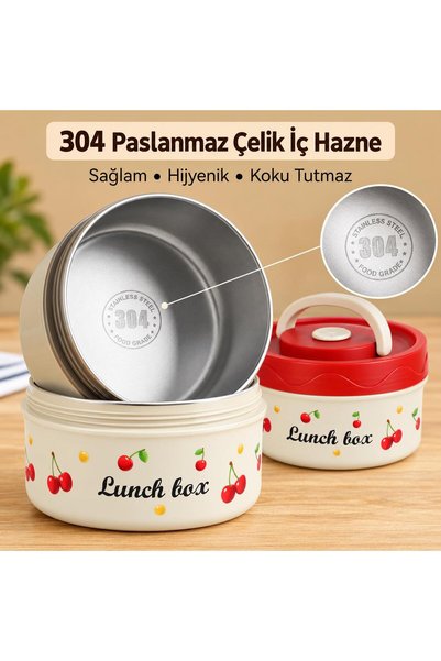 valkyrie 3 Katlı Paslanmaz Çelik Kirazlı Yemek Termosu Lunch Box 1390 ml Taşıma Çantalı Isı Yalıtımlı