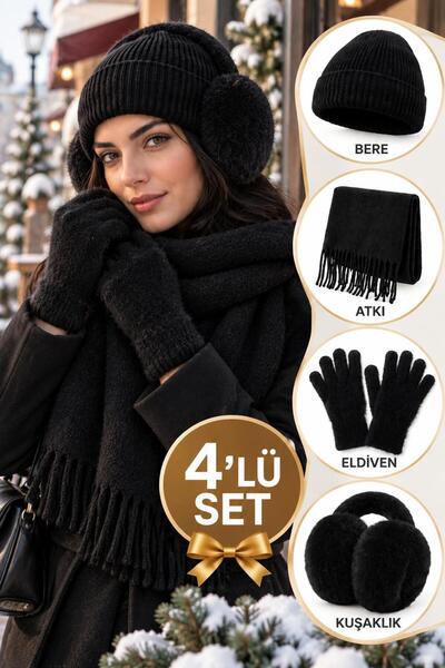 Wearflawless Kadın 4'lü Siyah Kışlık Set, Bere, Atkı, Eldiven, Kulaklık, Sıca...