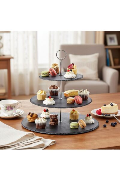 1Chase Natural Black Stone 3 Tier Round Slate Cake Stand with Chrome Carry Lo...