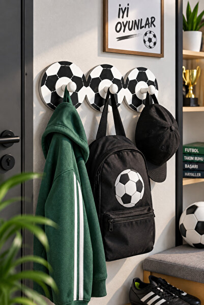 Binbirreyon 3 Topuzlu Ahşap Duvar Askısı Futbol Topu Temalı Askılık 36cm DE003