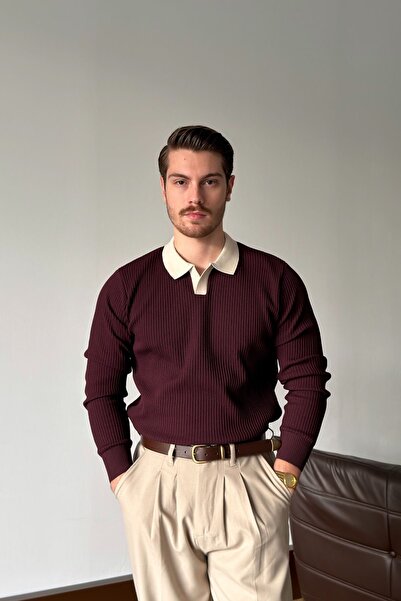 Livio Ferri Atri Çift Renk Dokulu Regular Fit Polo Yaka Bordo Erkek Triko Kazak