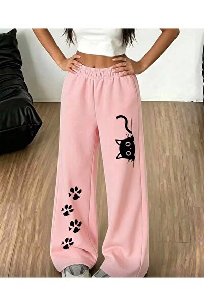 MORNİNG KİDS Girl's Paw and Cat Printed Sweatpants (Pink)
