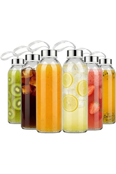 Home Zone 6 Pack 18oz Clear Reusable Glass Water Bottles for Juicer Machine, ...