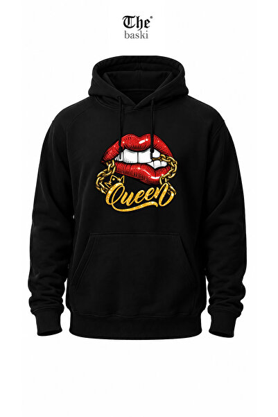 The Baski Hanorac StreetWear Queen cu imprimeu buze și lanț, cu glugă și buzu...