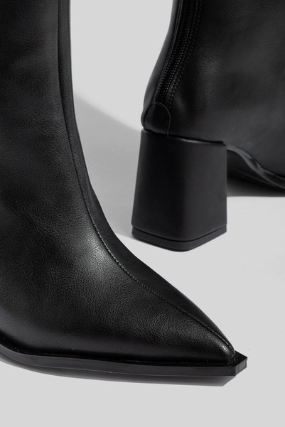 camaiore Black Vegan Leather Thick Heeled Women's Boots Pointed Toe Heeled Boots