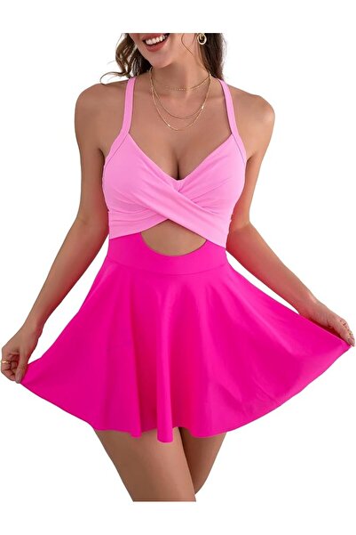 B2prity Women Cutout One Piece Skirt Swimsuit V Neck Wrap Tie Back Swimdress ...