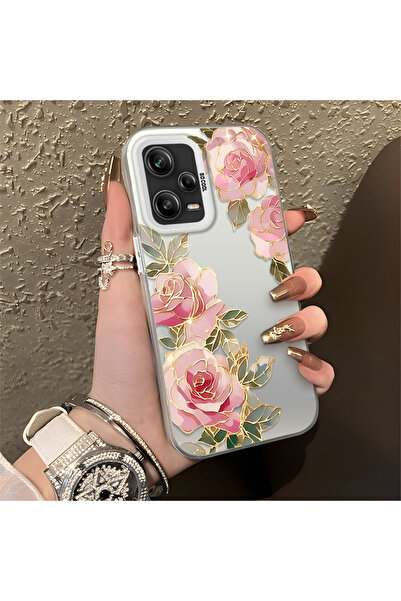 PATTERNOVA Redmi Note 12 Pro 5G Uyumlu Mat Pembe Gül Altın Çizgi Baskılı Kılı...