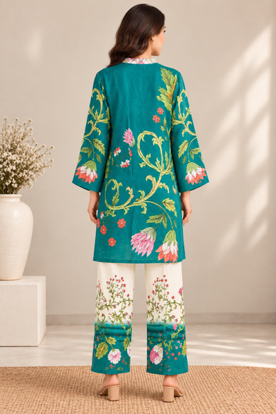 Devoiler Women’s Teal Green Floral Print Co-Ord Set with Wide-Leg Pants