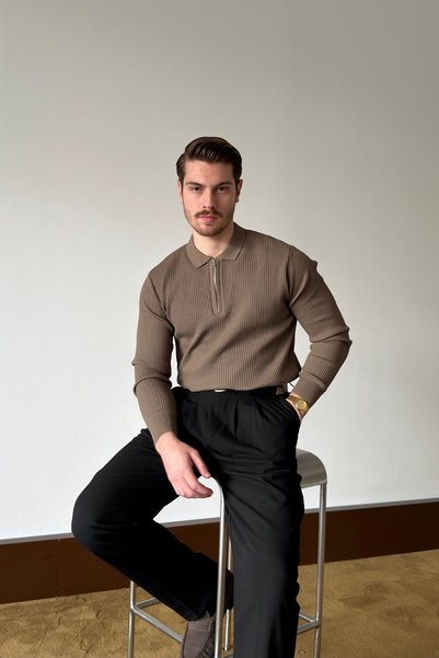 Livio Ferri Pulover tricotat pentru bărbați, cu textură Noli, cu jumătate de fermoar, guler polo, croială normală
