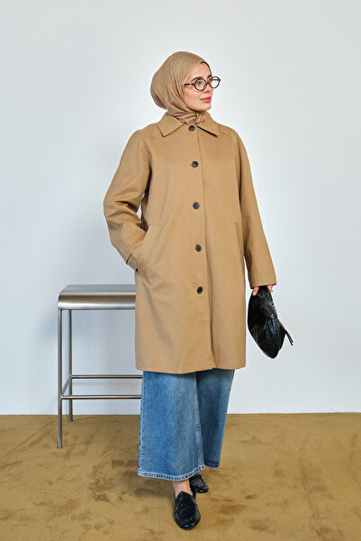 LOCCO Women's Plaid Lined Mid-Length Shirt Collar Trench Coat Camel