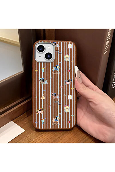 ucuc iPhone 14 Plus/15 Plus Uyumlu Kahverengi Deri Dokulu Silikon Kamerayı Ko...