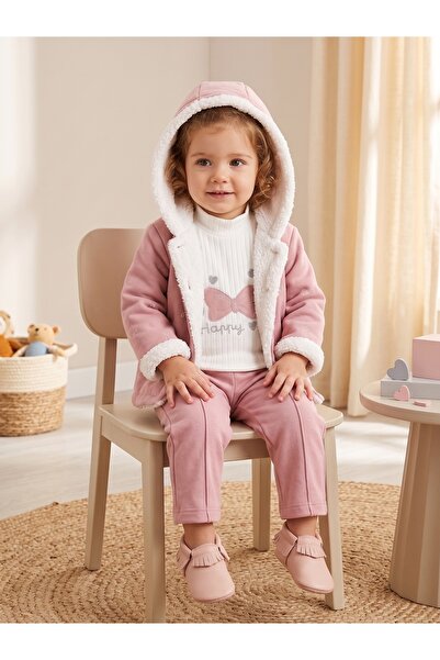 Deniva Kids Kız Bebek Pelüş Detaylı Kapüşonlu Ceket, Fiyonk Baskılı Bluz ve E...