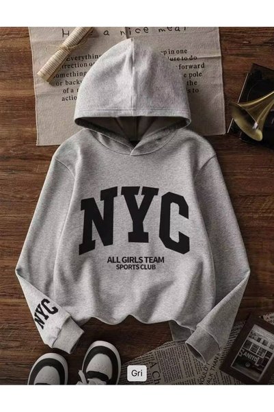 MORNİNG KİDS Girl's Gray Hooded Sweatshirt (Sleeves and Front) with Nyc Print