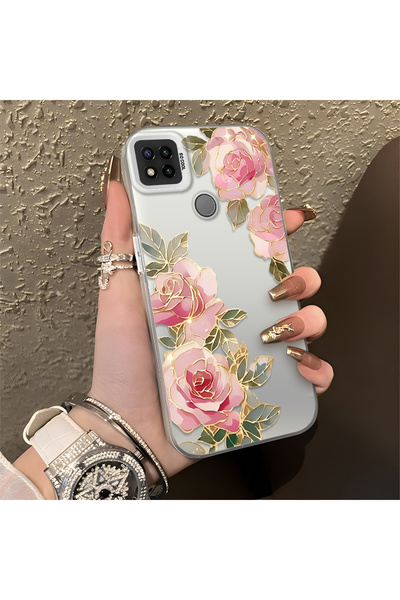PATTERNOVA Redmi 9C/10A Uyumlu Mat Pembe Gül Altın Çizgi Baskılı Kılıf, Zarif...