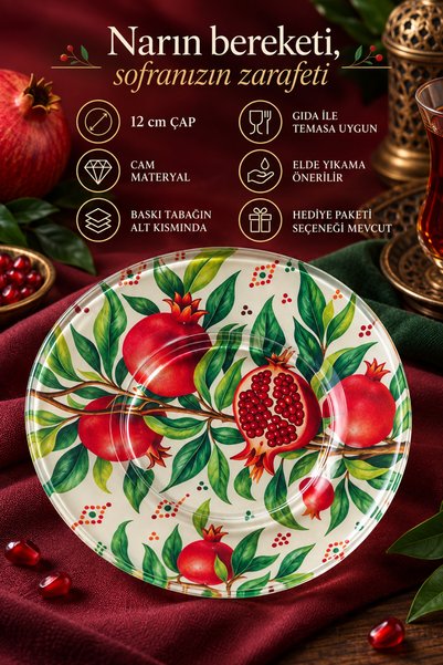 Ahenk Ev&Sofra Set of 6 Glass Tea Plates – Pomegranate Patterned 12 cm – 6 Tea Plates