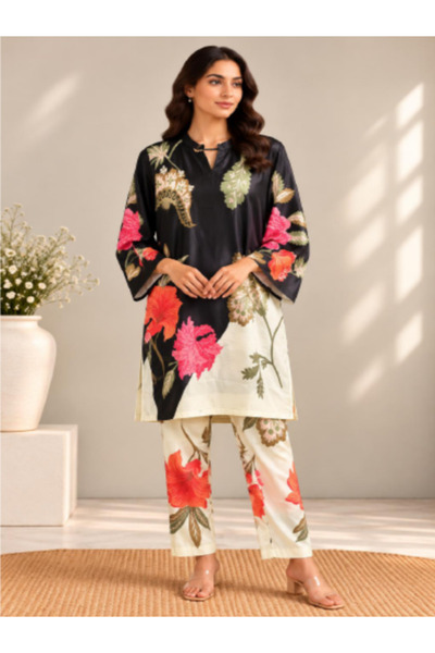 Devoiler Women’s Black & Ivory Floral Print Co-Ord Set – Long Tunic Top & Str...