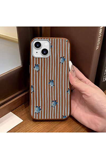 ucuc iPhone 13/14 Uyumlu Kahverengi Deri Dokulu Silikon Kamerayı Korur Şok Em...