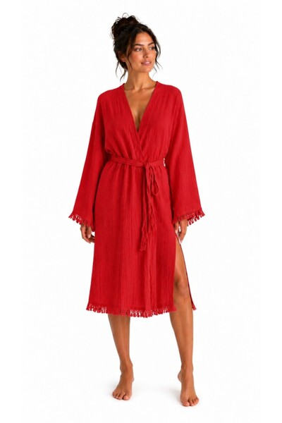 Mulberry Bohemia Muslin Kimono Bathrobe – Tassel Detailed Slit Spa & Beach Ki...