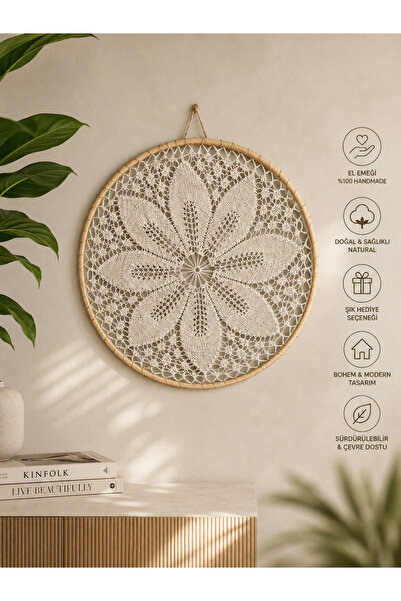 ByTUNCA El Yapımı, Çiçek Desenli Bohem Dekoratif Duvar Süsü - 26 Cm çapında K...