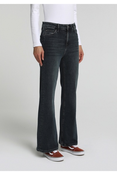 Colin's Pantaloni de damă din denim verde, cu talie înaltă și croială super evazată