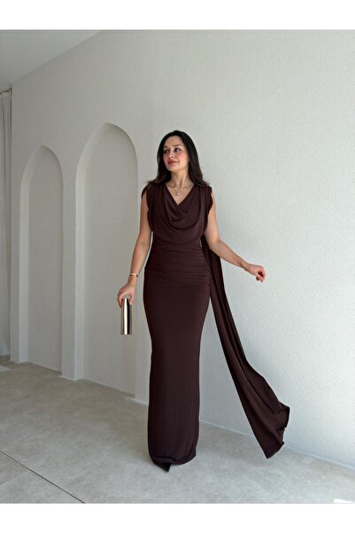 Mooi Butik JOLENTA Maxi Elbise 4156 - Acı Kahve