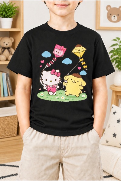 Hello Kitty Kids clothing儿童纯棉黑色短袖T恤 Hello Kitty放风筝印花童装