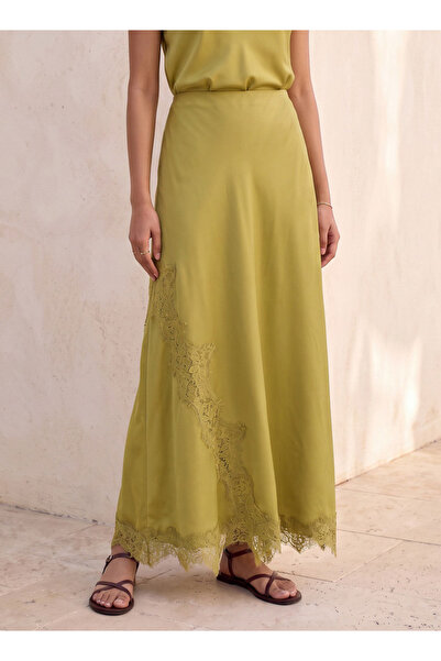 FAV Youth Maxi Satin A-line Skirt with Lace Trim