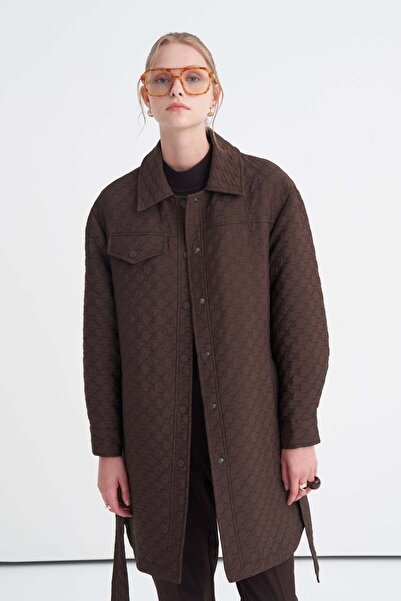 Zühre Belted Patterned Long Brown Jacket 0206
